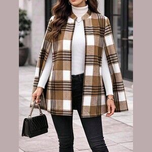 Tan Plaid Cape Coat with Stand Collar